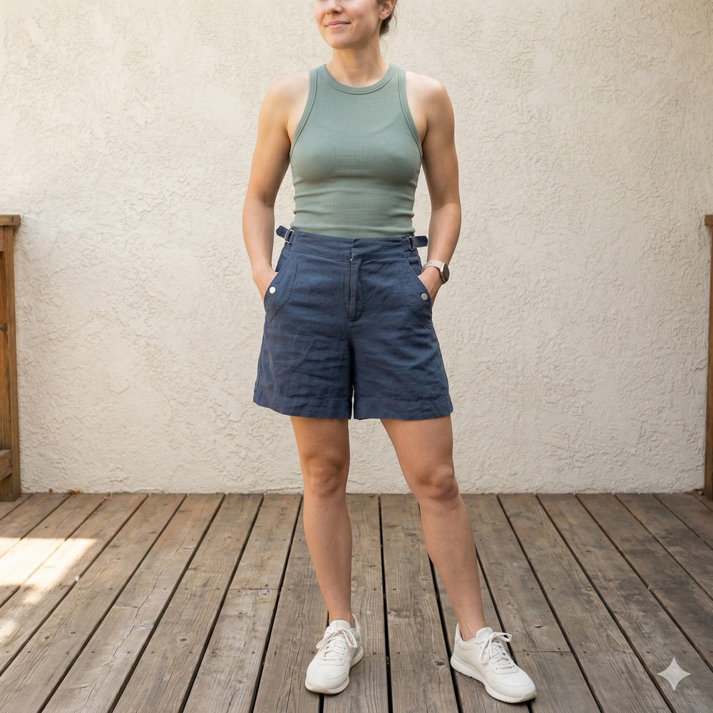 Athleta Cabo Linen Shorts Womens 4 Blue Adjustable Waist Coastal Summer Beachy